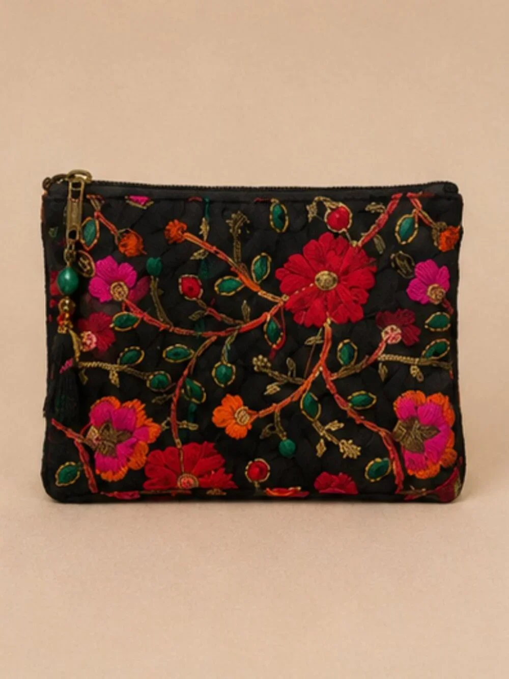 Boho Embroidered Floral Zip Pouch | Black Cosmetic Bag | Artisan Makeup Organize